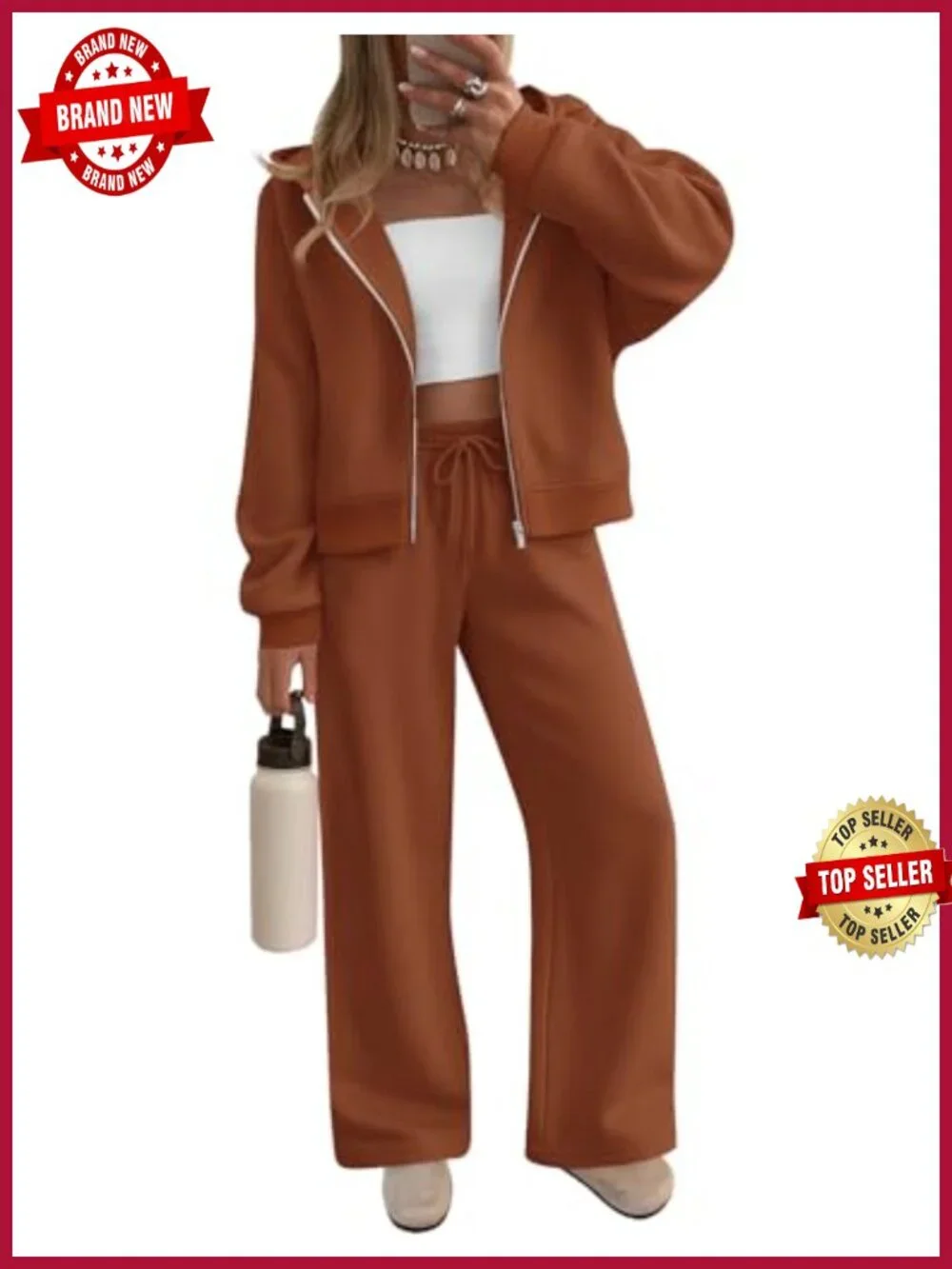 2 Piece Zip Up Crop Hoodie Wide Leg Sweatpant Lounge Set Fleece Lined Tracksuit